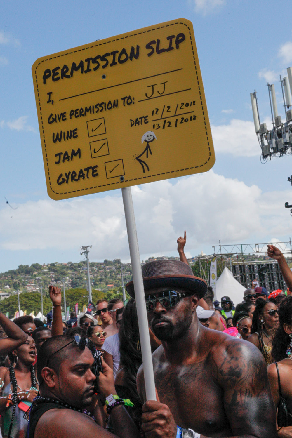 One of many wining permission slips, responding to a police statement that nonconsensual dancing is arrestable