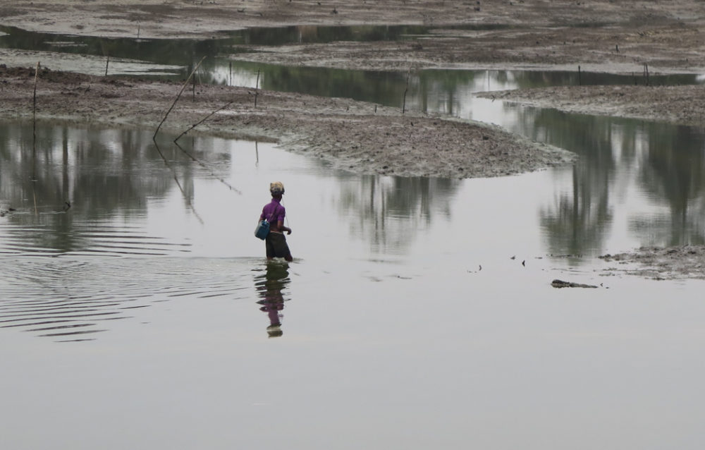 A woman wades into polluted water in search of fish (Eyre, 2017)